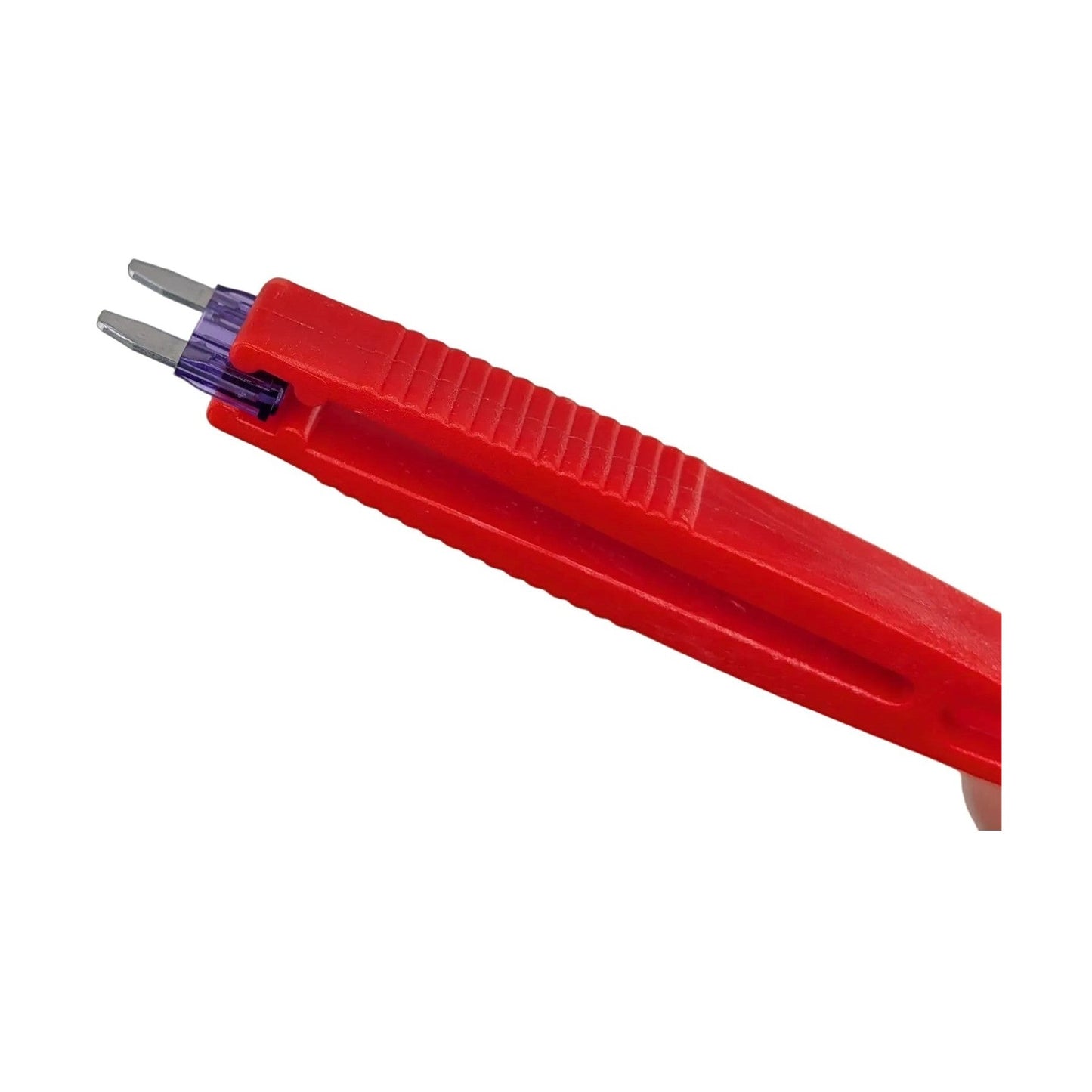 Red fuse tap tool with textured grip and metal prongs for dash cam wiring
