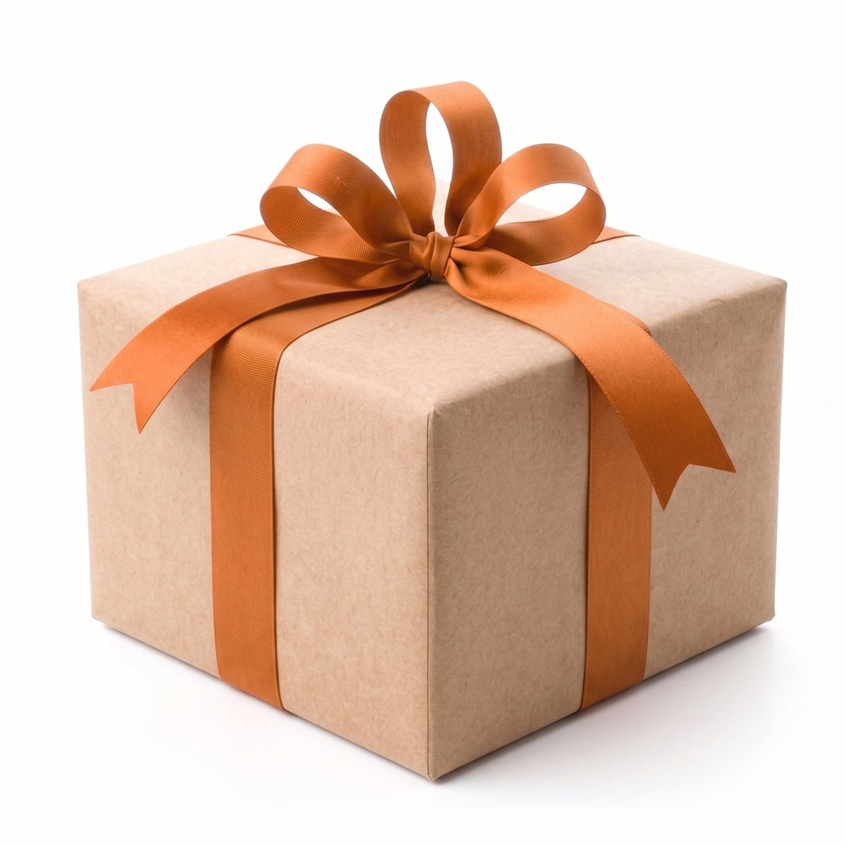 The Dash Cam Guys gift card in burnt orange satin ribbon wrapped kraft paper box