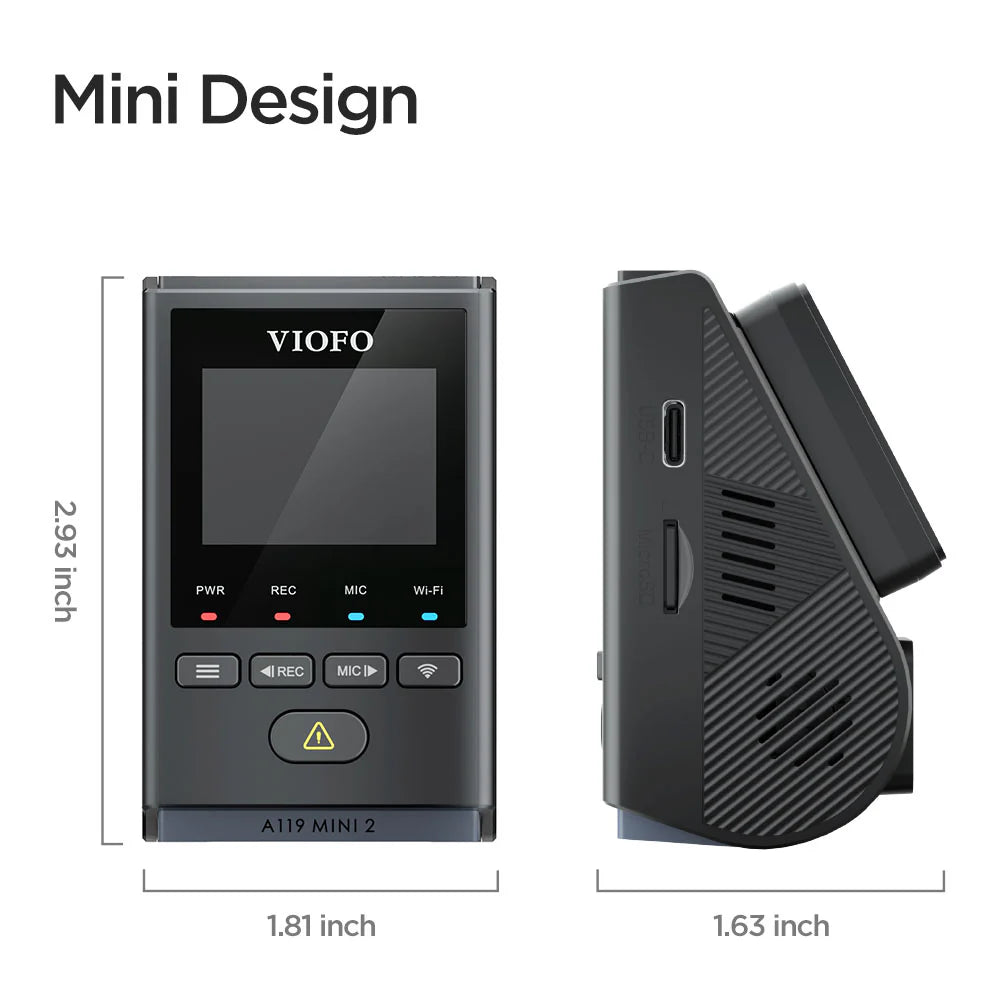 VIOFO A119 Mini 2 product diagram with dimensions, ports, and button layout