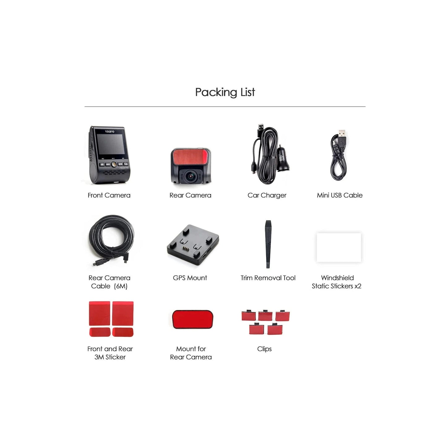 VIOFO A129 Plus Duo complete packing list including charger cables GPS mount and stickers