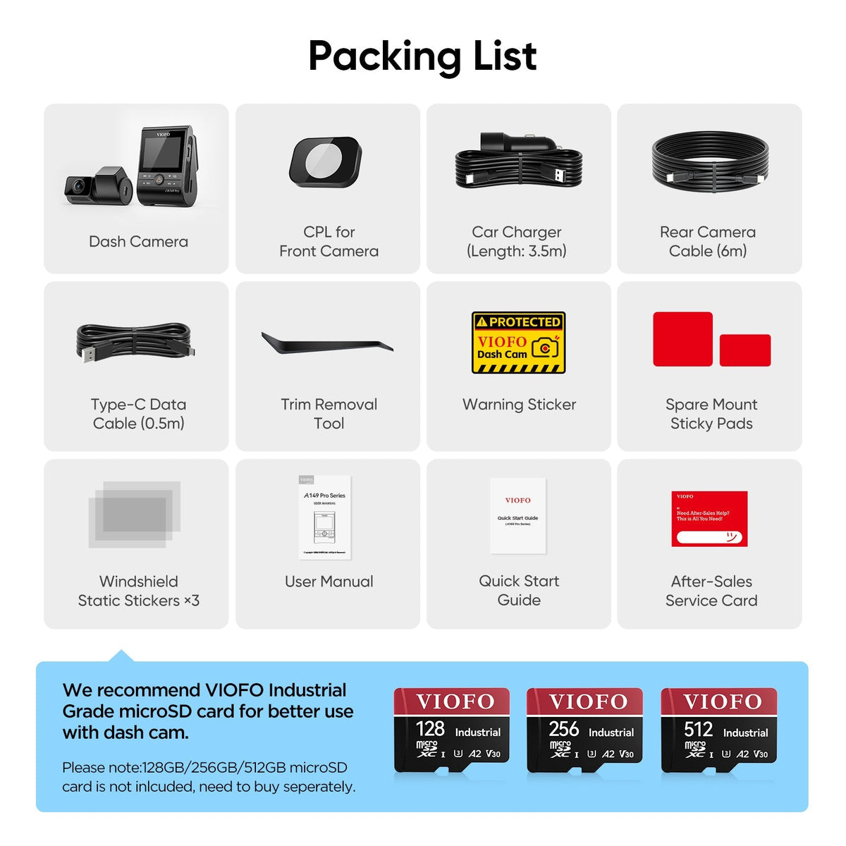 VIOFO A149 Pro Duo dash cam accessories packing list and included cables