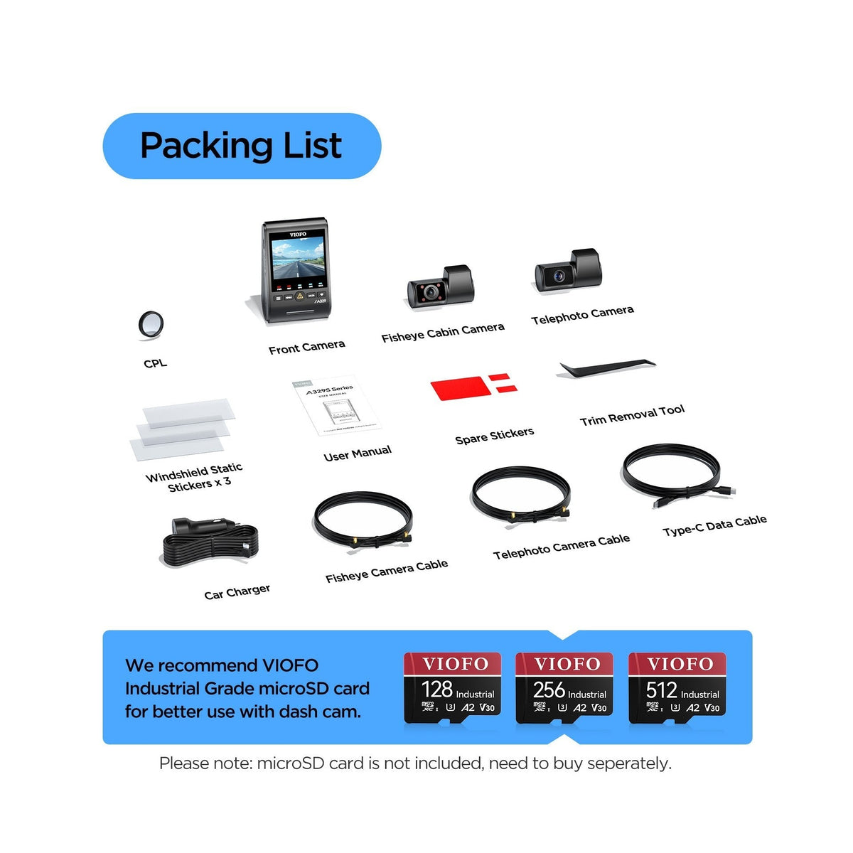 VIOFO A329TC complete packing list including 3 cameras, cables, CPL filter, car charger, and recommended microSD cards