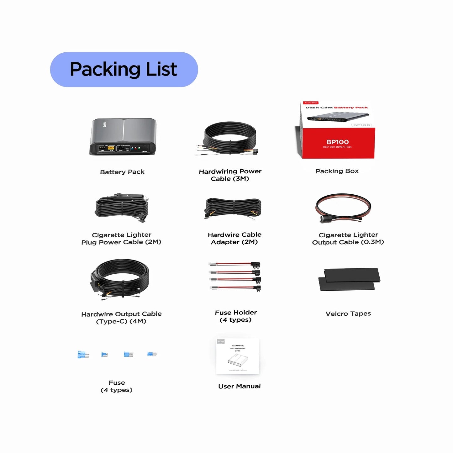 VIOFO BP100 dash cam battery packing list including cables fuses and user manual
