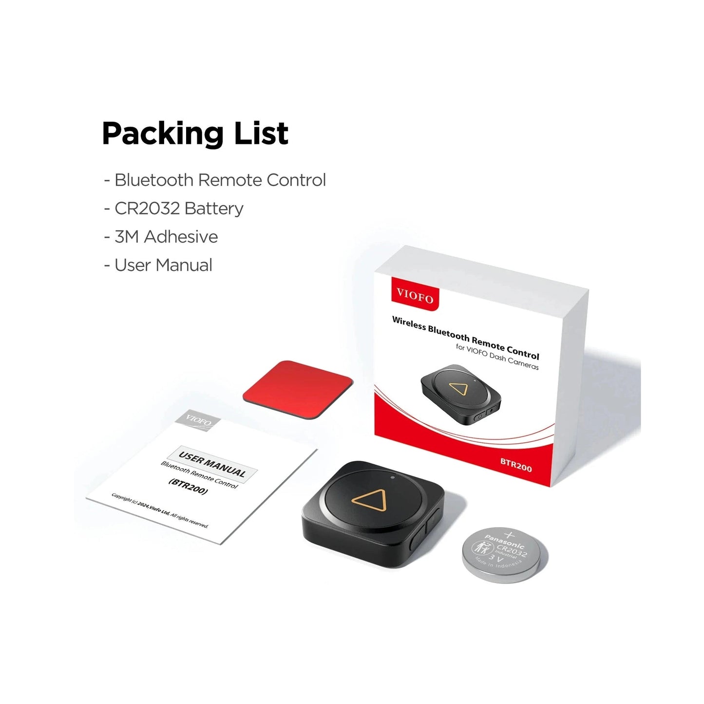 VIOFO BTR200 wireless remote box contents including battery and adhesive pad