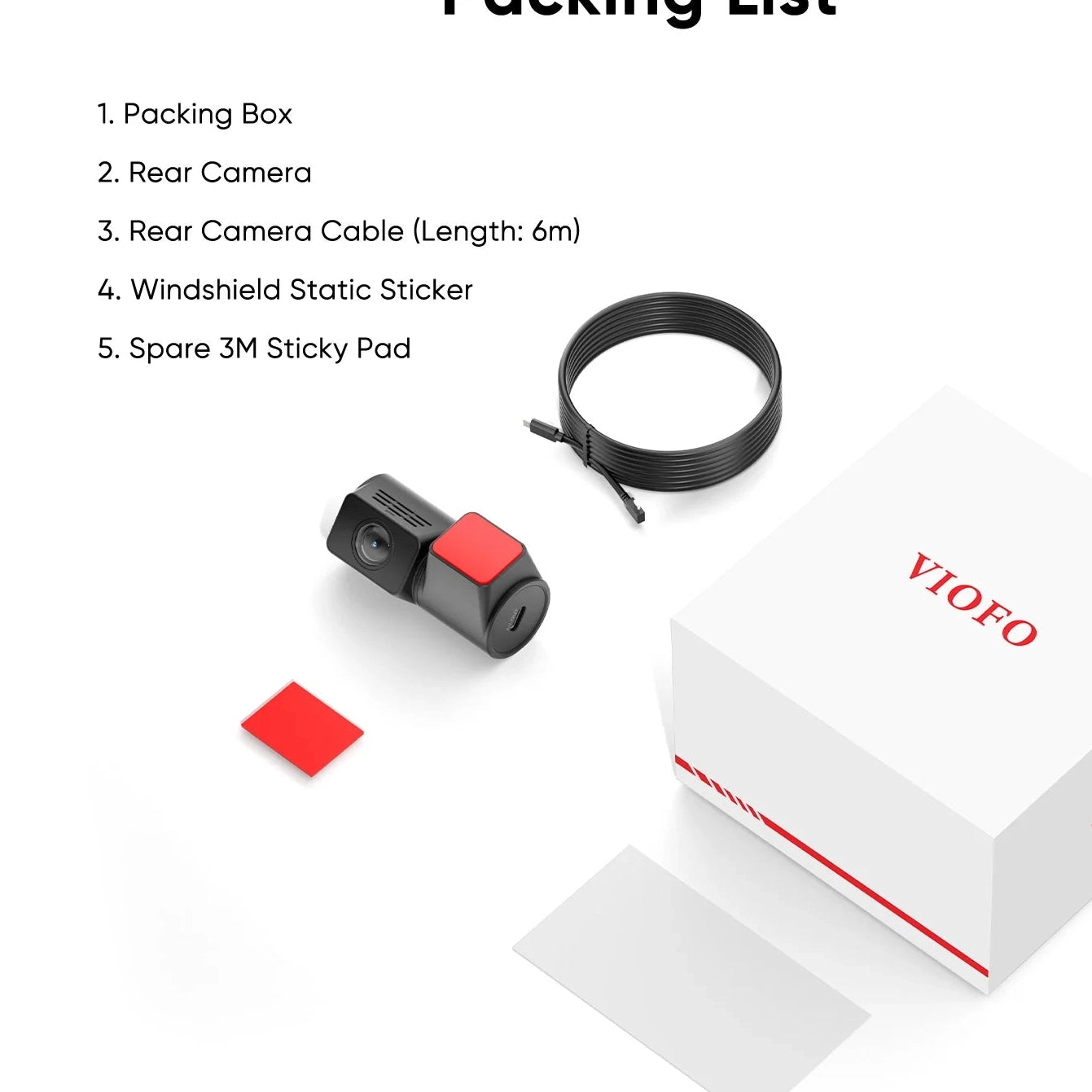 VIOFO RNE800 rear camera packing list including 6m cable, adhesive pads, and static sticker