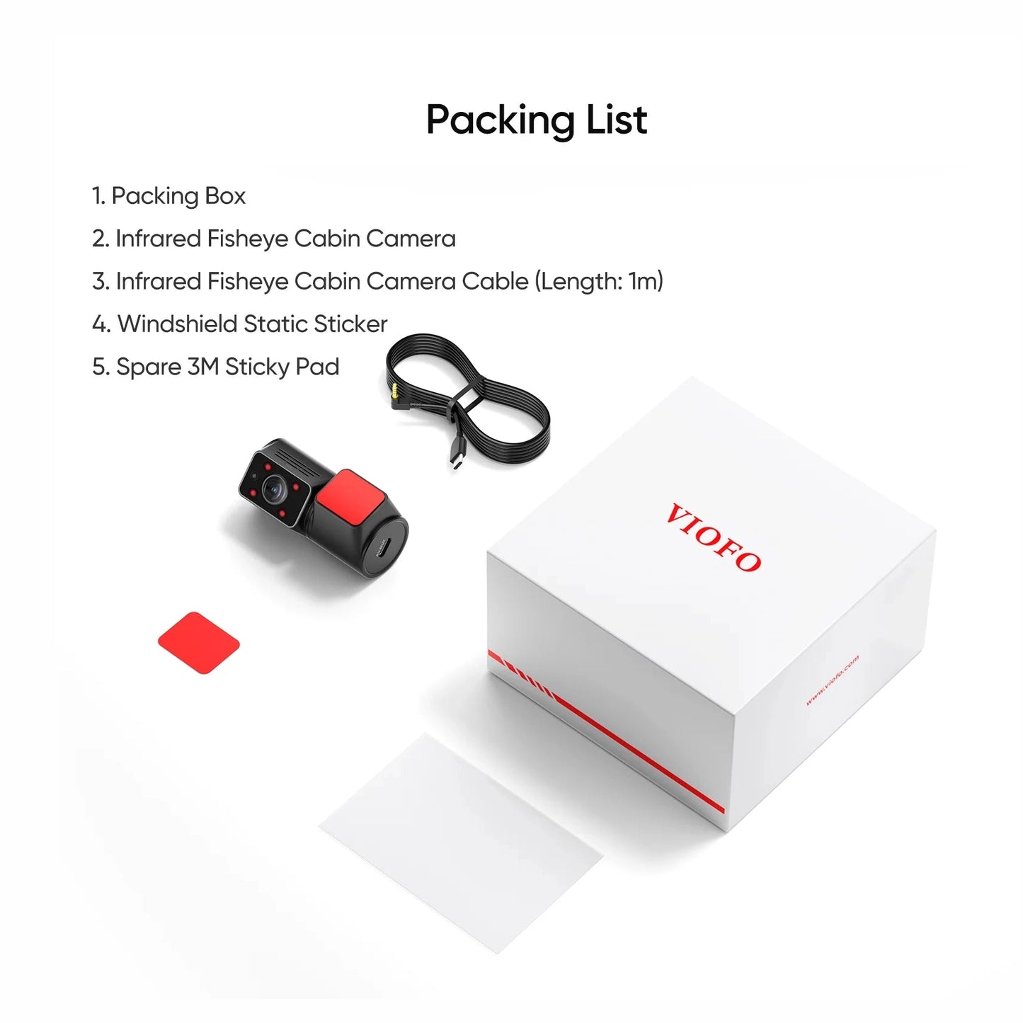 VIOFO RNF210 infrared fisheye cabin camera box contents with mounting kit