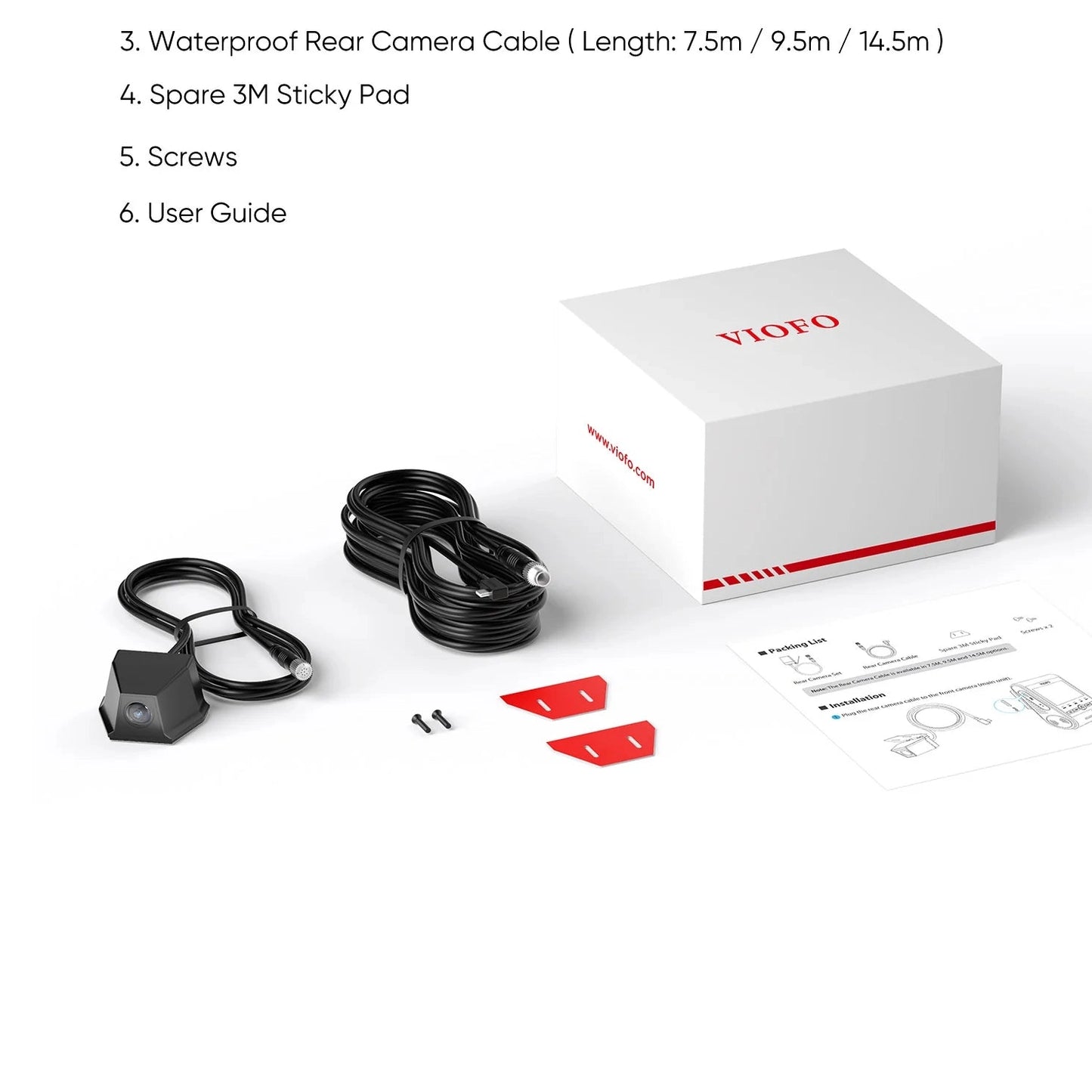 VIOFO RWE800 packaging contents including camera, cables and adhesive pads