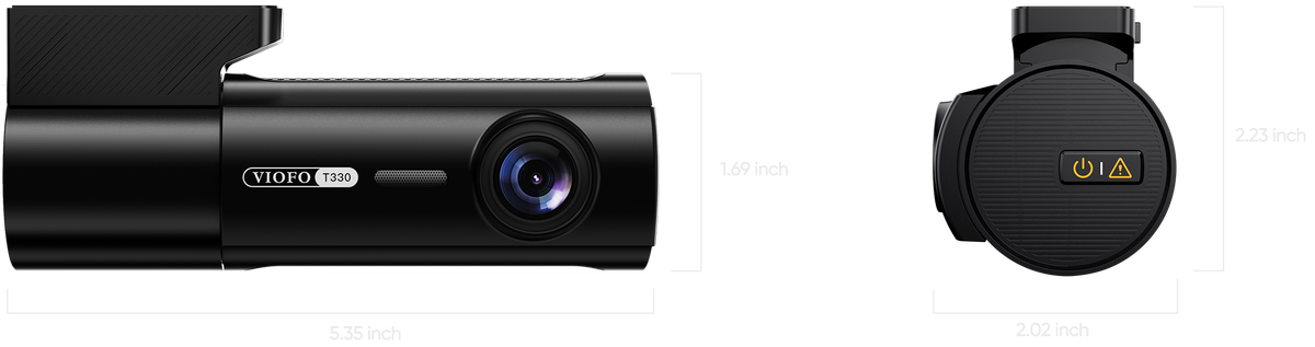 VIOFO T330T dash cam technical dimensions showing compact size for discreet windshield mounting