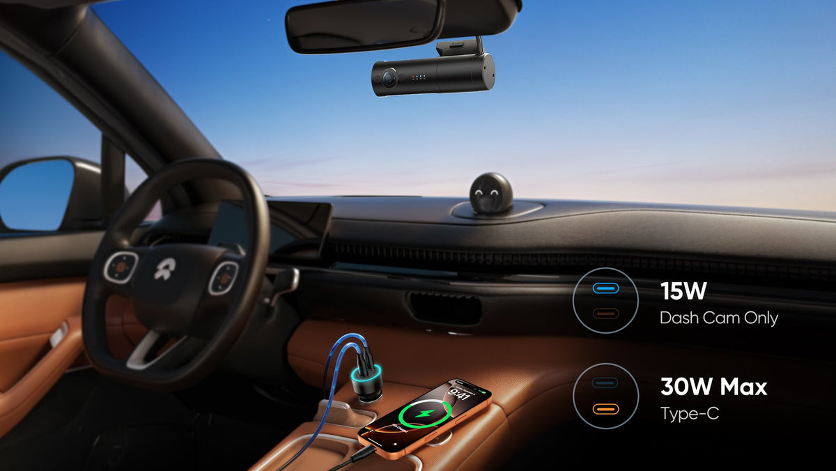 VIOFO T340TW dash cam interior view showing Type-C charging and mount