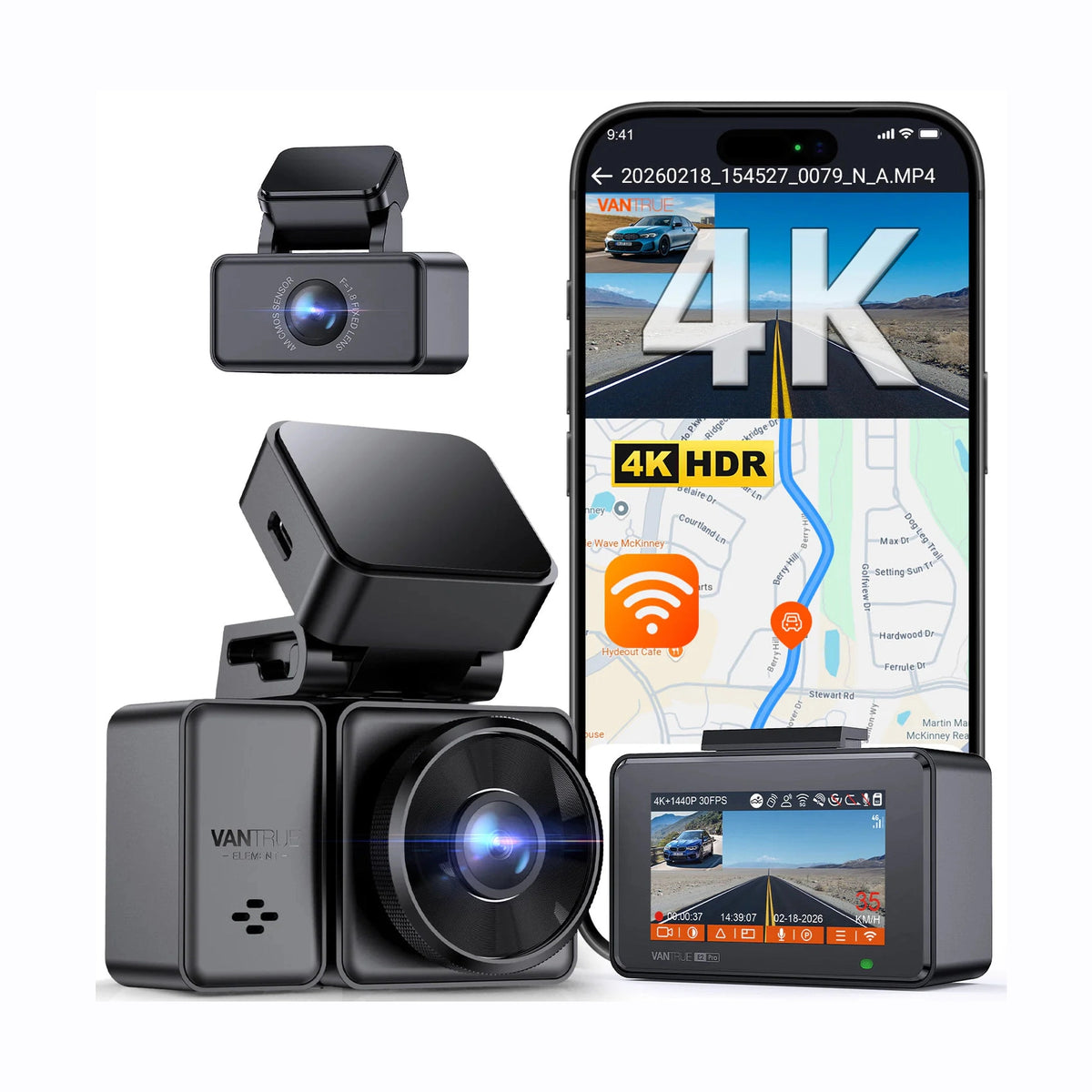 Vantrue Element 2 Pro black dash cam showing smartphone app interface and rear camera