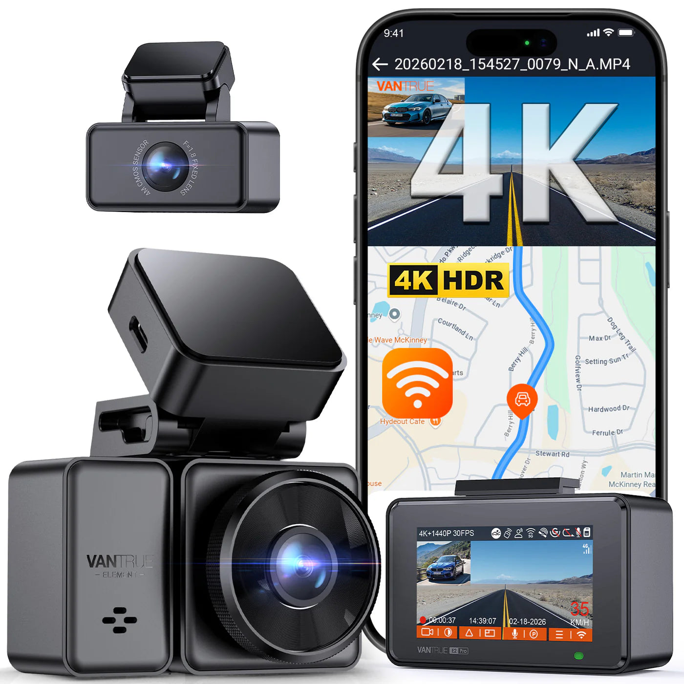 Vantrue Element 2 Pro black dash cam showing smartphone app interface and rear camera