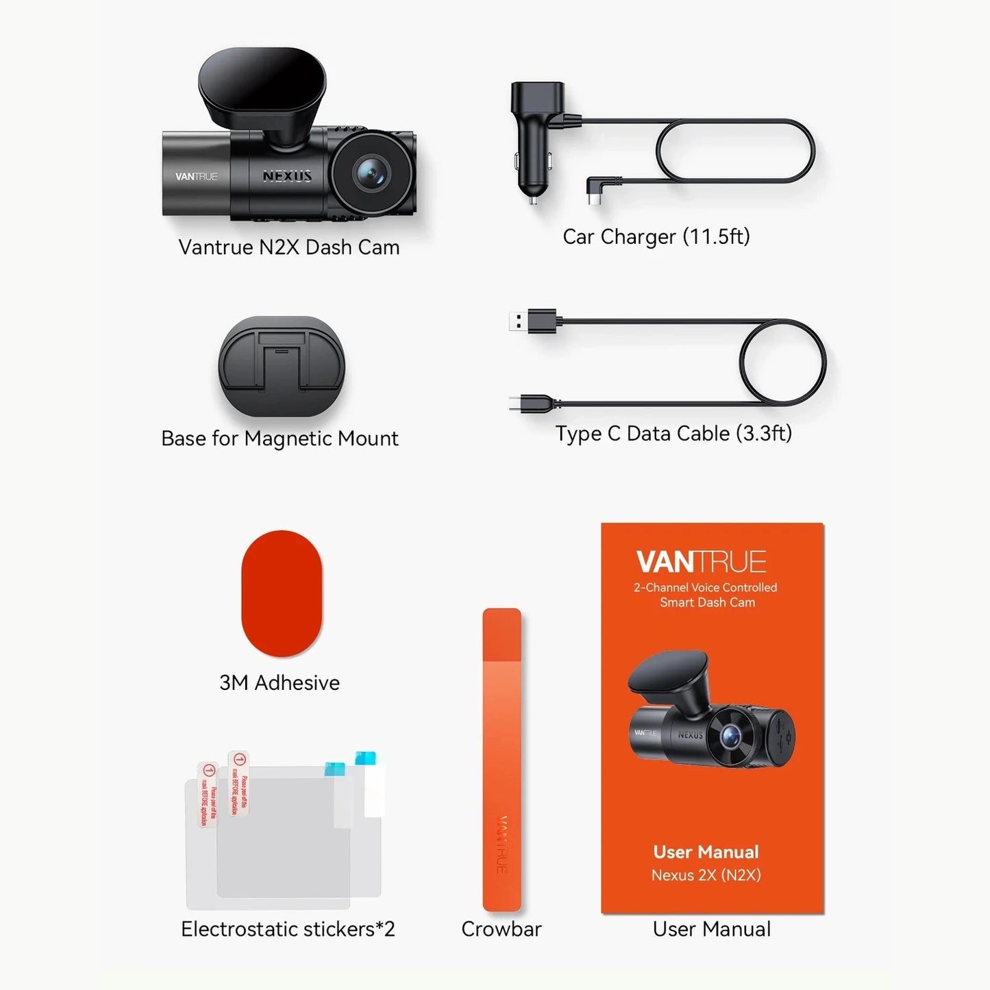 Vantrue N2X dash cam box contents including charger cables and mounting kit