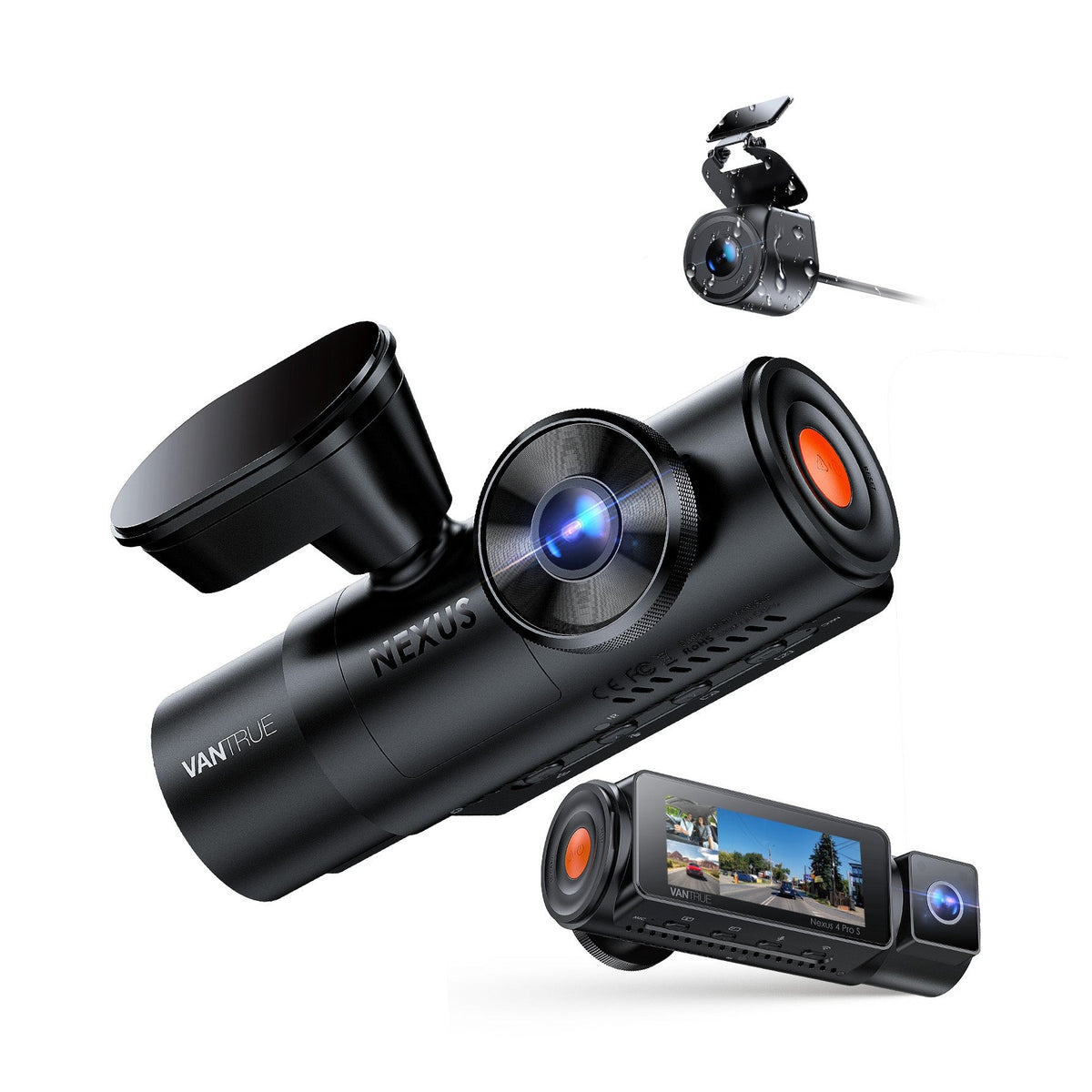 Black Vantrue Nexus 4 Pro S dash cam system with suction mount, split-screen display and orange button
