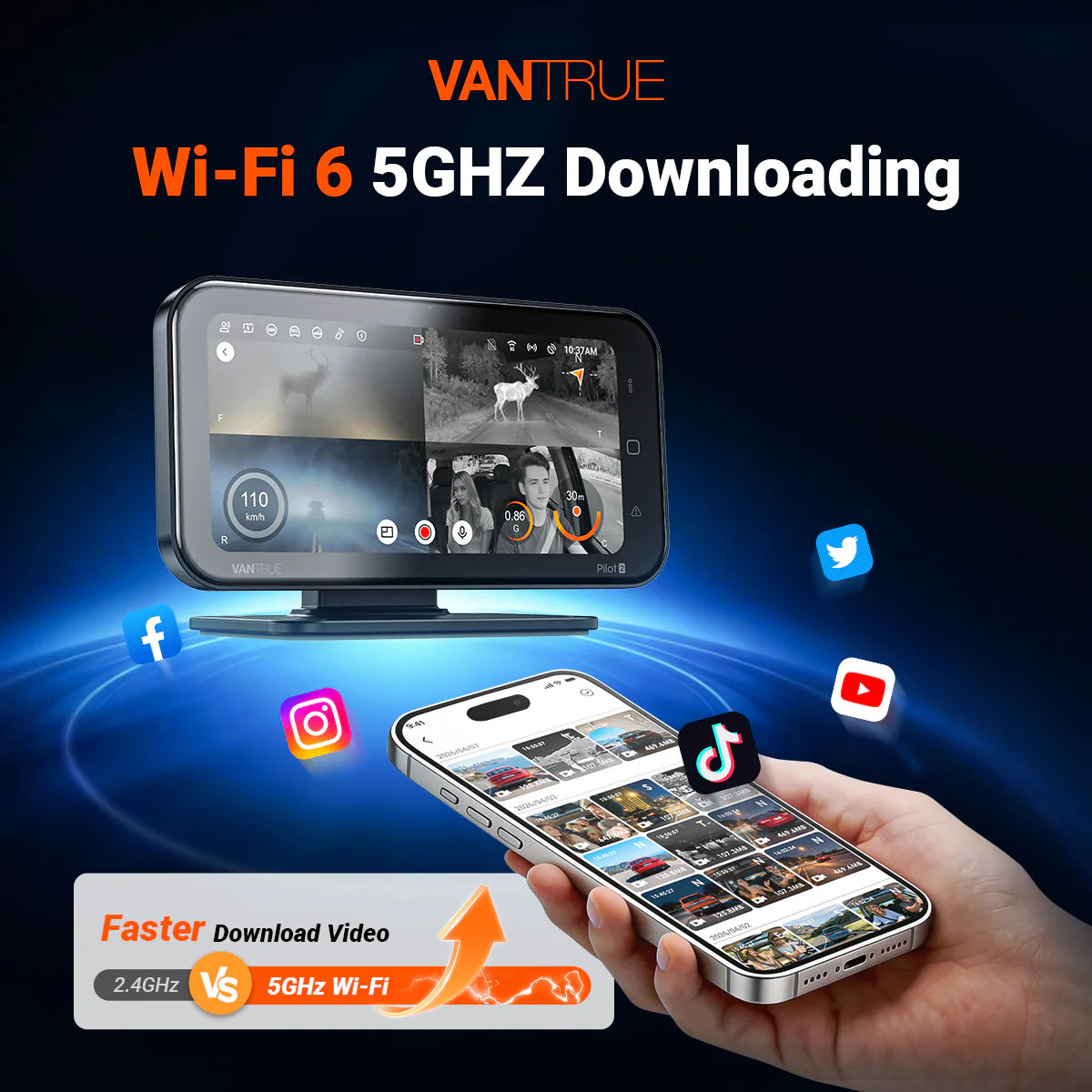 Vantrue Pilot 2 Wi-Fi 6 5GHz fast video download thermal feed on display unit