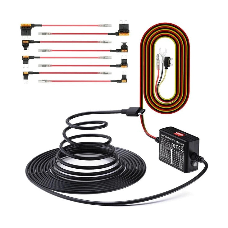 Vantrue VP01 hardwire kit with USB-C cable, fuse holders, and multi-colored wiring for dash cam parking mode