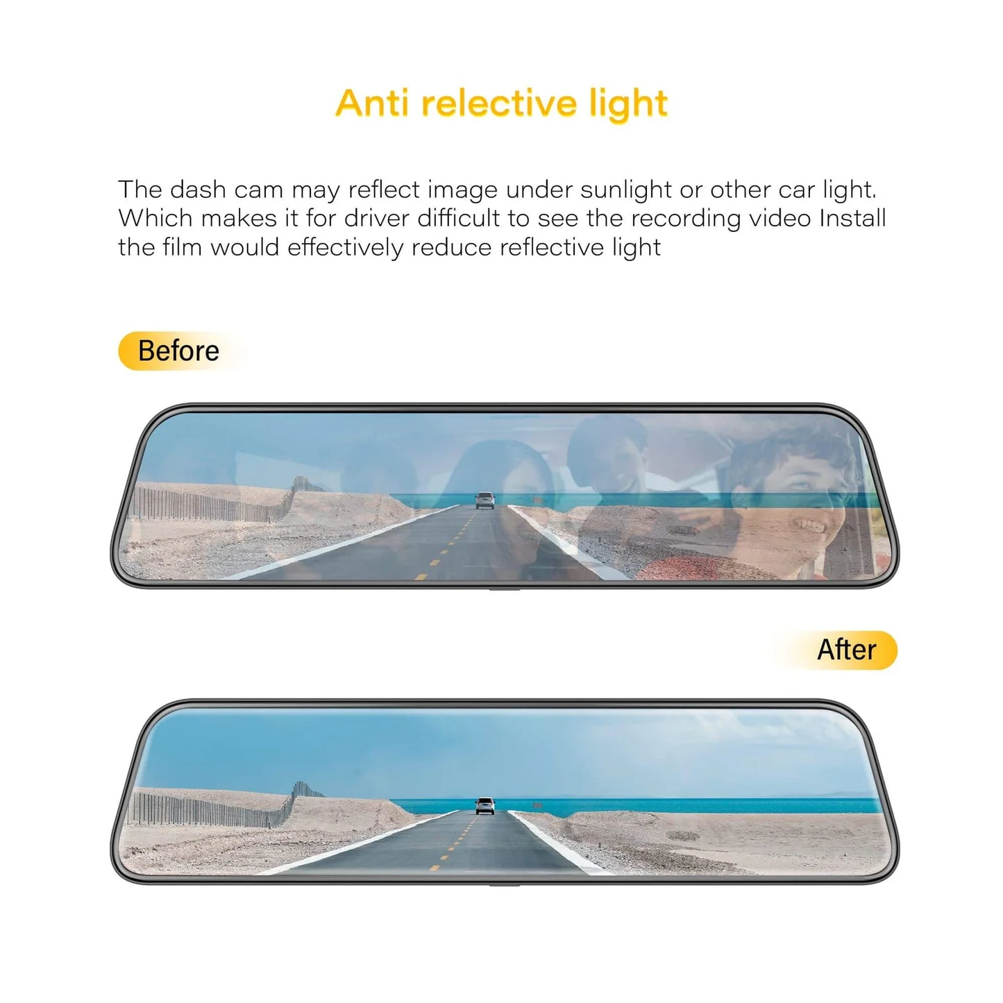 Before and after view of WOLFBOX dash cam screen with anti-glare film reducing reflections