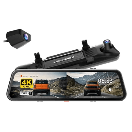WOLFBOX G900 Pro 12-inch mirror dash cam with 4K front and 2.5K rear cameras showing split screen view