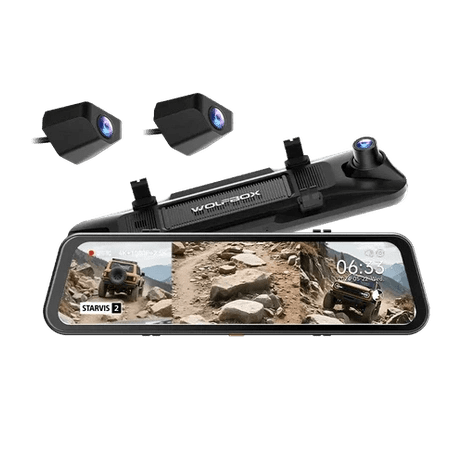 WOLFBOX G900 TriPro 12-inch mirror dash cam with 4K front, 2.5K rear and bumper camera for off-road driving