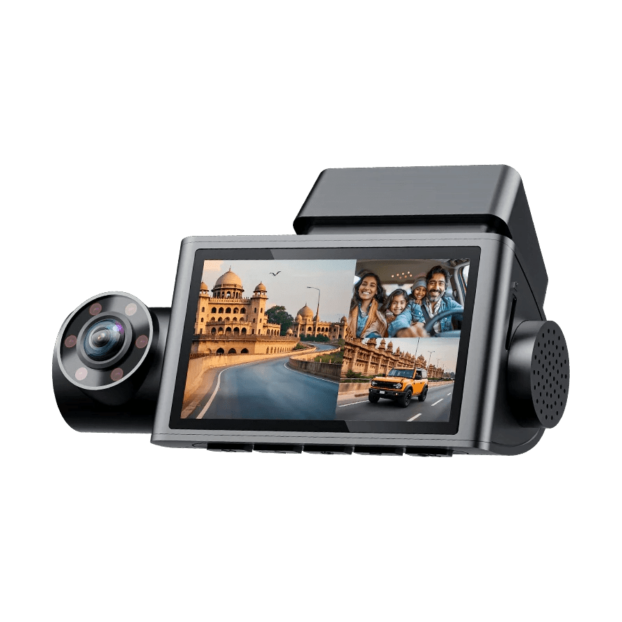 WOLFBOX i07 black 3-channel dash cam with 12-inch split-screen showing front road and cabin view
