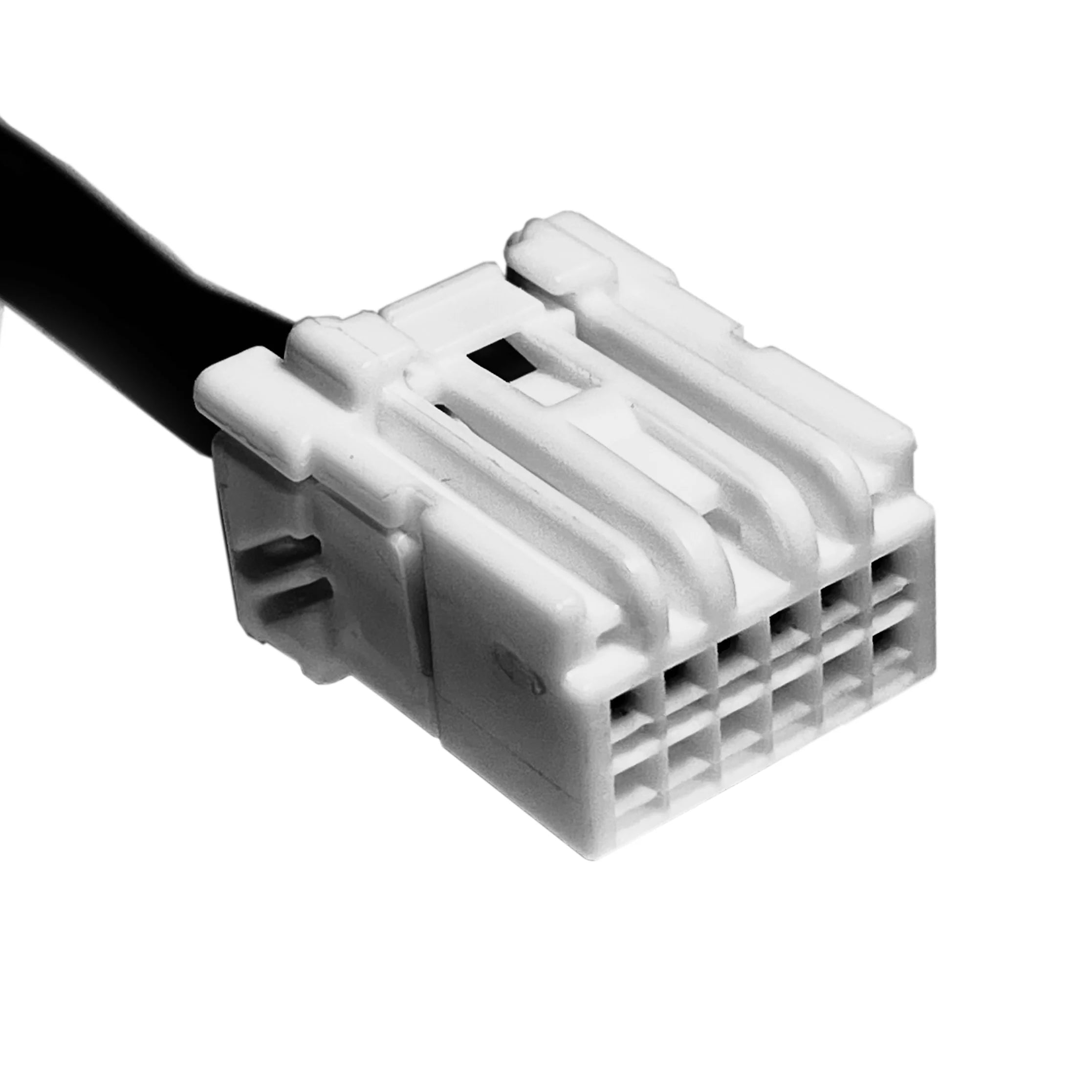 White car diagnostic connector with black cable on a white background