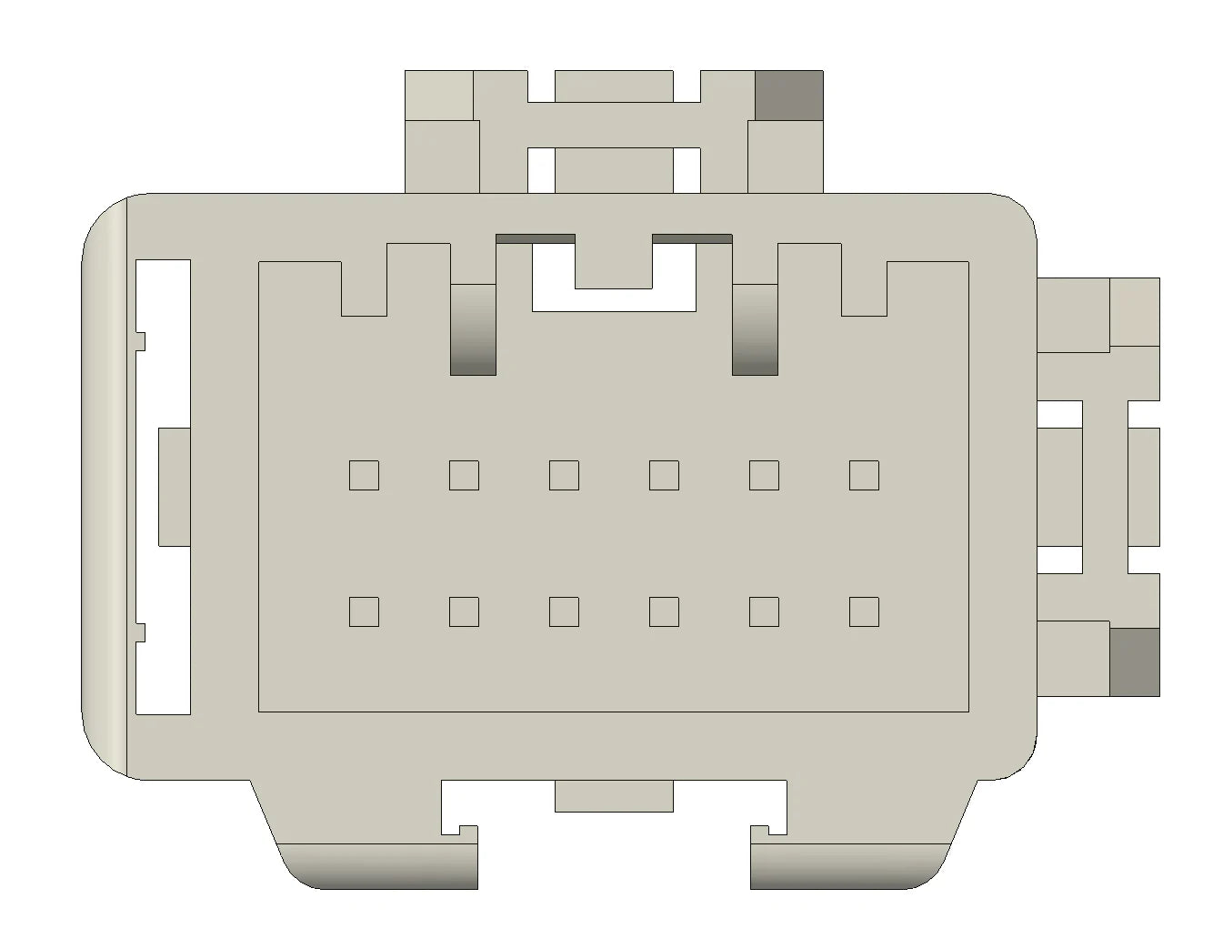 Technical drawing of a rectangular electronic component with various connectors on a white background