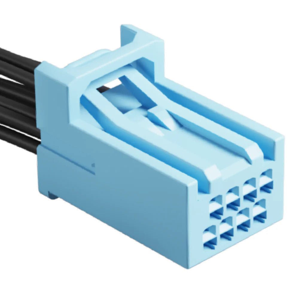 Blue connector with black wires on a white background