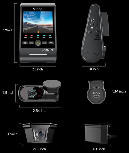 VIOFO A229 Pro-W 3CH dimensions: front 3.9 x 2.3 x 1.8 inches, cabin camera with Type-C plug, waterproof rear camera with mounting bracket