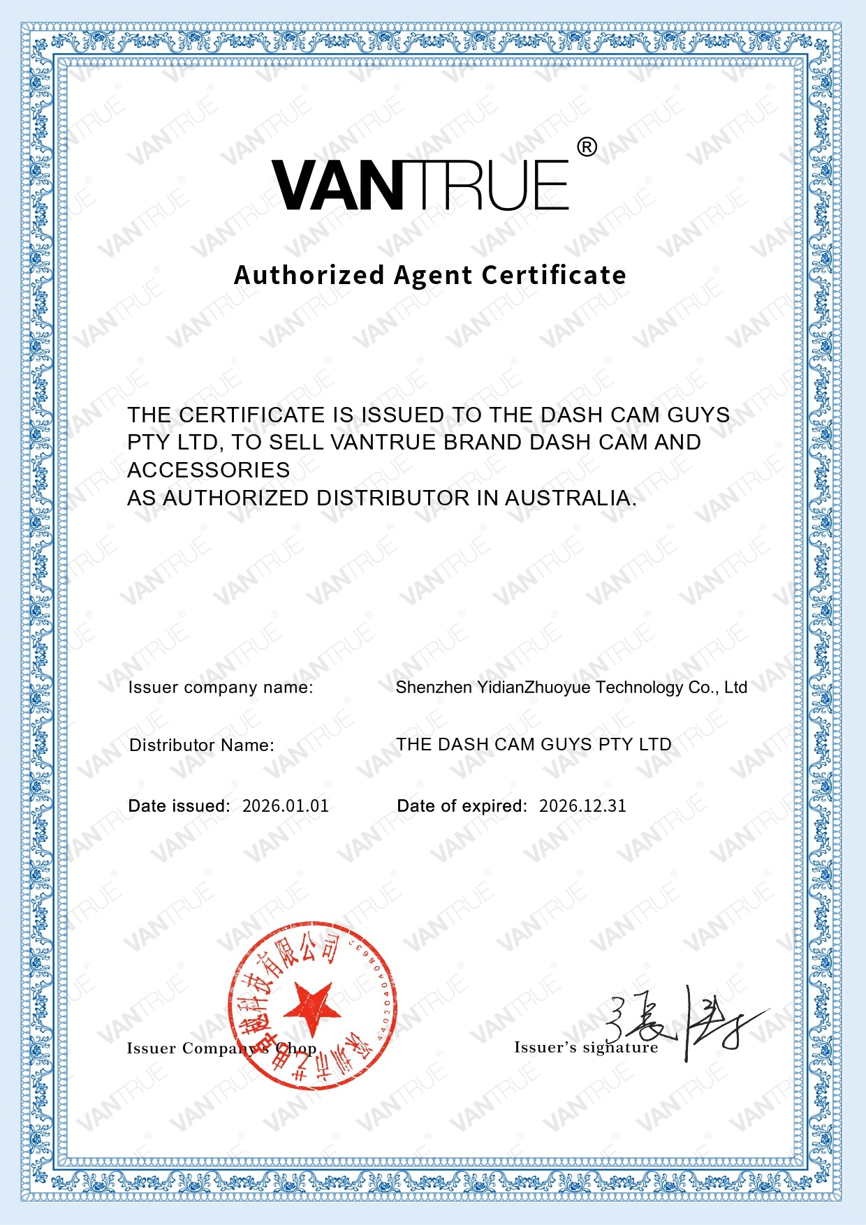 Vantrue authorized agent certificate for The Dash Cam Guys Pty Ltd.