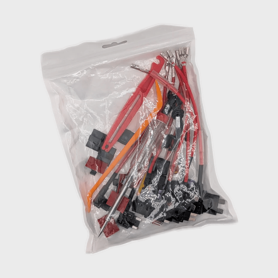 Dash Cam Guys install kit with fuse taps, testers, fuses and trim tools in bag