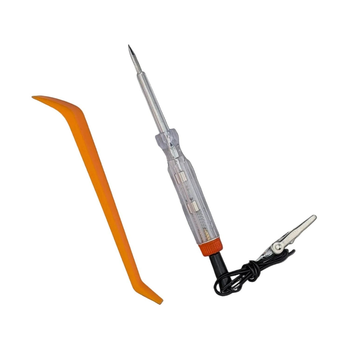 Orange pry tool and voltage tester with alligator clip for car audio installation