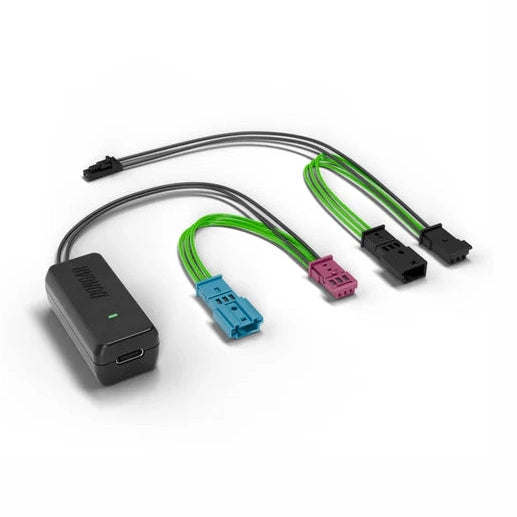 Dongar hardwire adapter with USB-C port connecting to blue pink and black multi-pin variants
