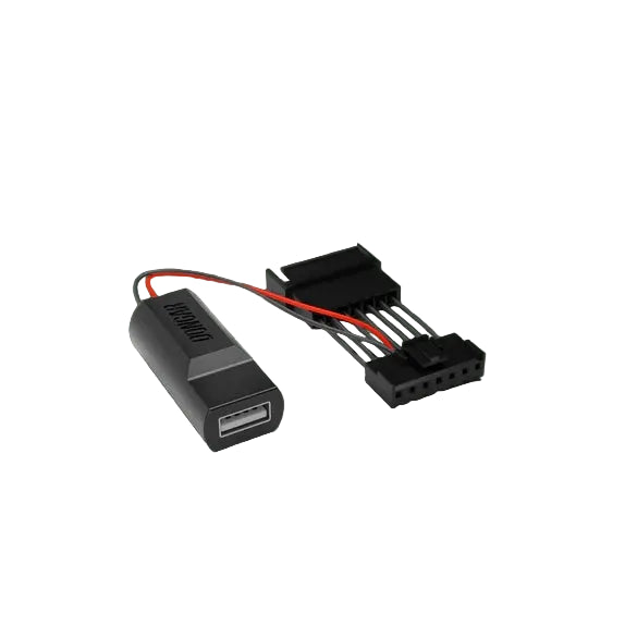 Dongar hardwire adapter with USB-A port and exposed metal pins in multi-pin connector