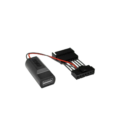 Dongar hardwire adapter with USB-A port and exposed metal pins in multi-pin connector