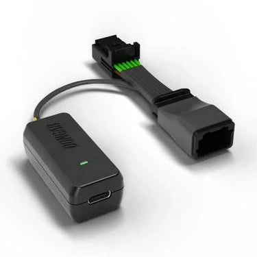 Dongar hardwire adapter with USB-C port and black multi-pin connector showing green wires