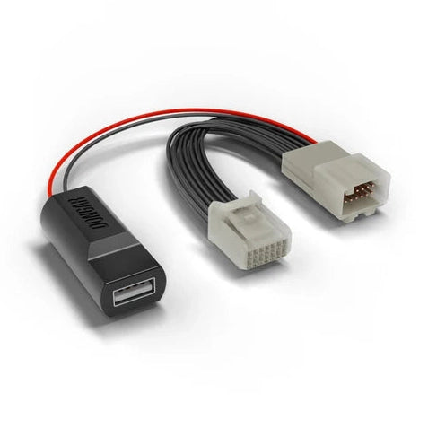 Dongar hardwire kit with USB-A port connecting to gray and black multi-pin connectors