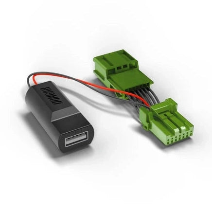 Dongar hardwire adapter with USB-A port and red black wires leading to green plastic connectors