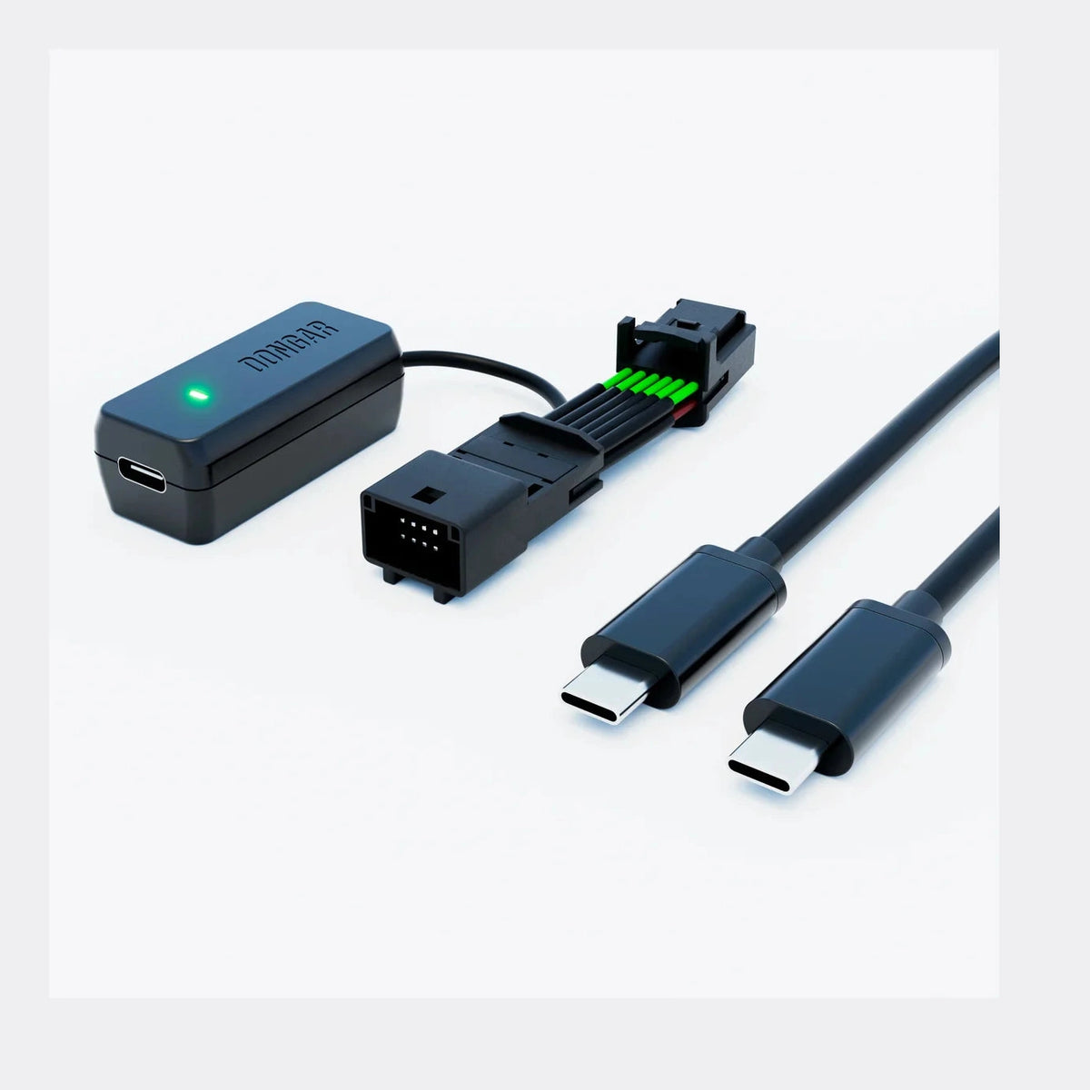 Dongar Classic adapter with green LED and two black USB-C cables for dash cam wiring