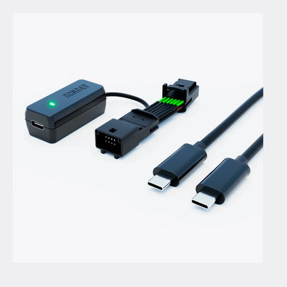 Dongar Classic adapter with green LED and two black USB-C cables for dash cam wiring