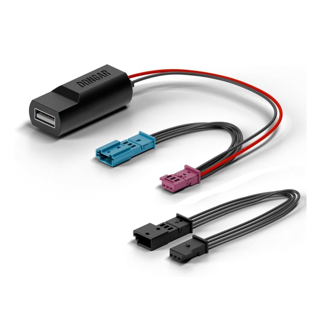 Dongar hardwire kit with USB-A port and blue 4-pin plus pink 3-pin connectors, showing color-coded wiring for plug-and-play mirror power installation
