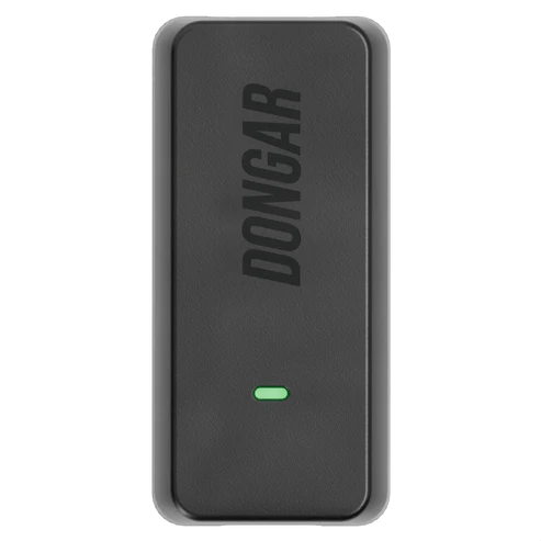 Front view of matte black Dongar hardwire adapter with vertical branding and illuminated green LED