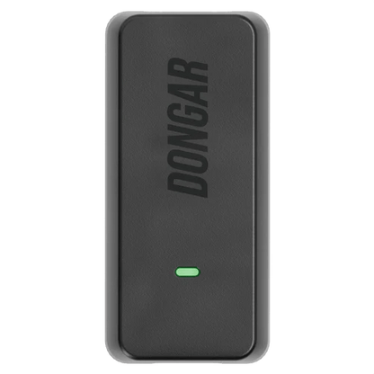 Front view of matte black Dongar hardwire adapter with vertical branding and illuminated green LED