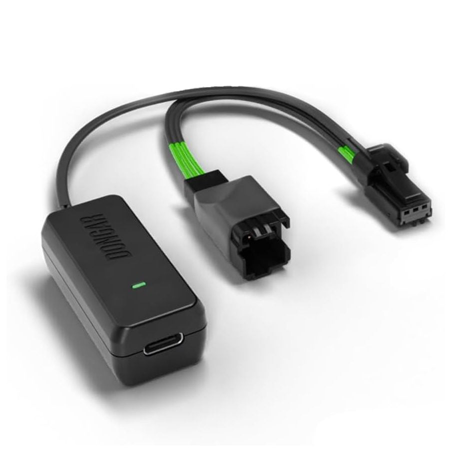 Black Dongar adapter with locking tab connector and exposed internal pins, featuring prominent green internal wires for secure plug-in dash cam power