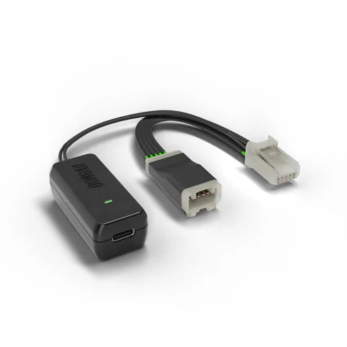 Dongar hardwire adapter with USB-C port connecting to beige and black multi-pin plugs