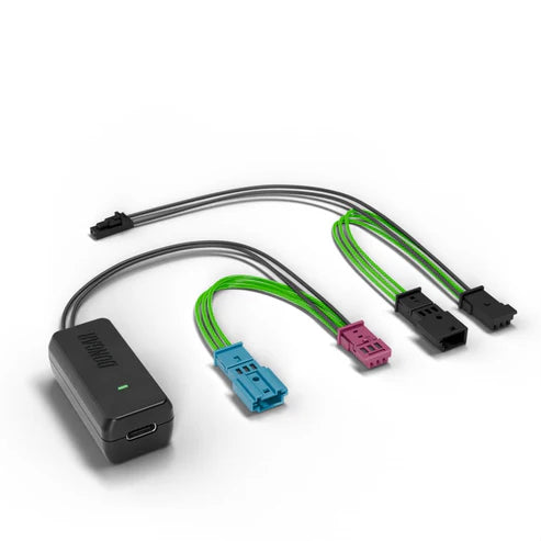 Dongar hardwire adapter with USB-C port connecting to blue pink and black multi-pin variants
