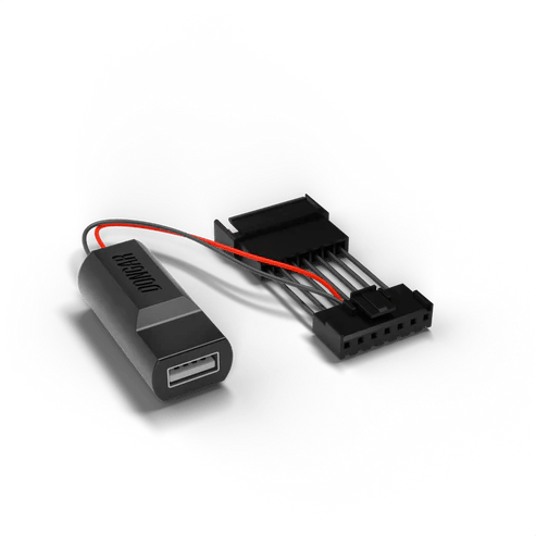 Dongar hardwire adapter with USB-A port and exposed metal pins in multi-pin connector