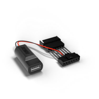 Dongar hardwire adapter with USB-A port and exposed metal pins in multi-pin connector
