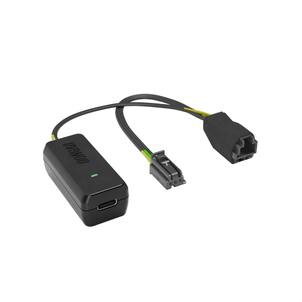 Dongar Classic black hardwire adapter with USB-C port and green LED, featuring gray multi-pin connector with yellow and green wires for hidden dash cam install