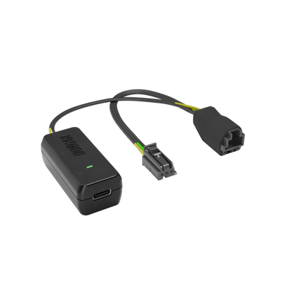 Dongar Classic black hardwire adapter with USB-C port and green LED, featuring gray multi-pin connector with yellow and green wires for hidden dash cam install