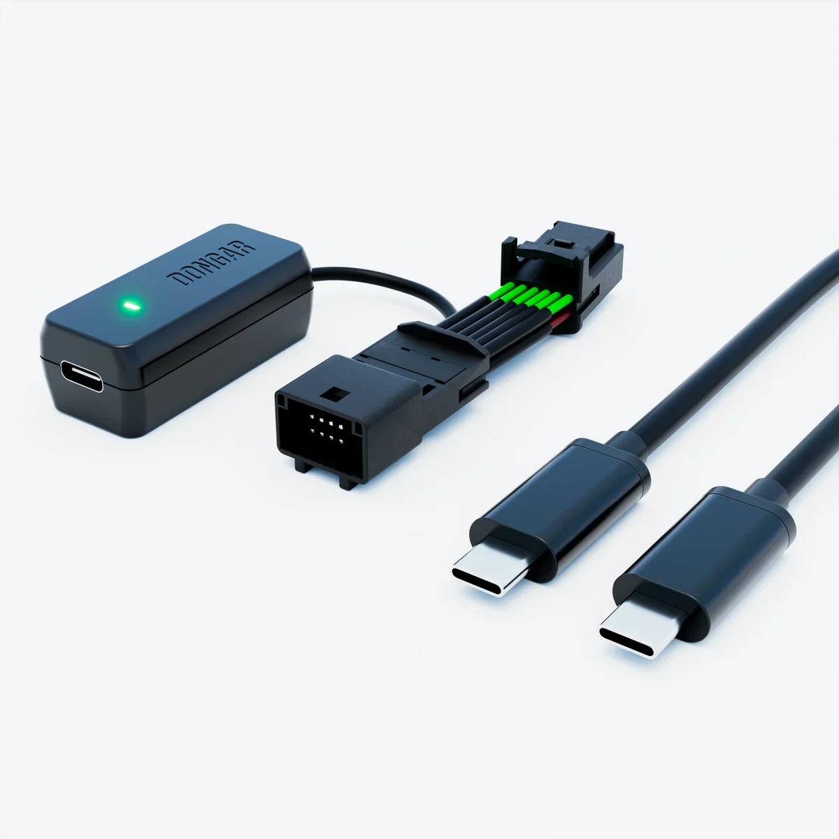 Dongar Classic adapter with green LED and two black USB-C cables for dash cam wiring