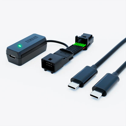 Dongar Classic adapter with green LED and two black USB-C cables for dash cam wiring